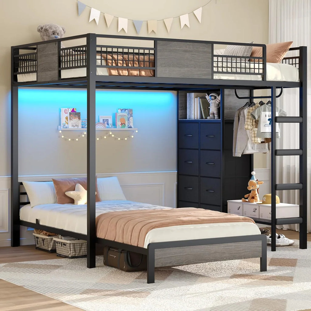 Bunk Bed Twin Over Twin Size With 8 Storage Drawers, Led Lights And Storage Shelves, Metal Loft Bed