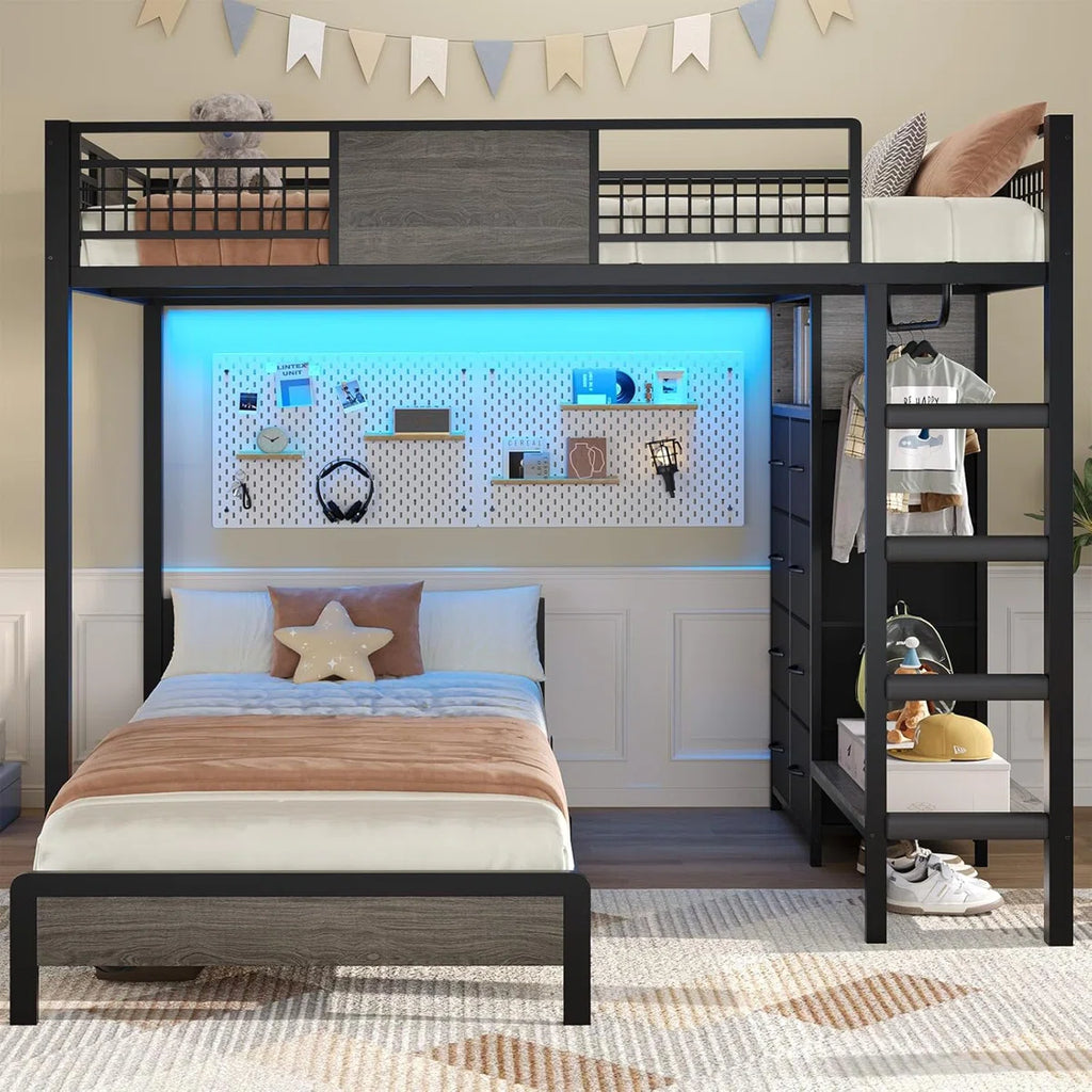 Bunk Bed Twin Over Twin Size With 8 Storage Drawers, Led Lights And Storage Shelves, Metal Loft Bed