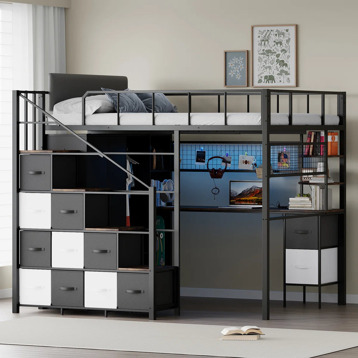 Full Size Loft Bed with Desk and Stairs, All-in-One Metal Frame with Headboard, LED Lighting, Charging Station, Closet and Storage