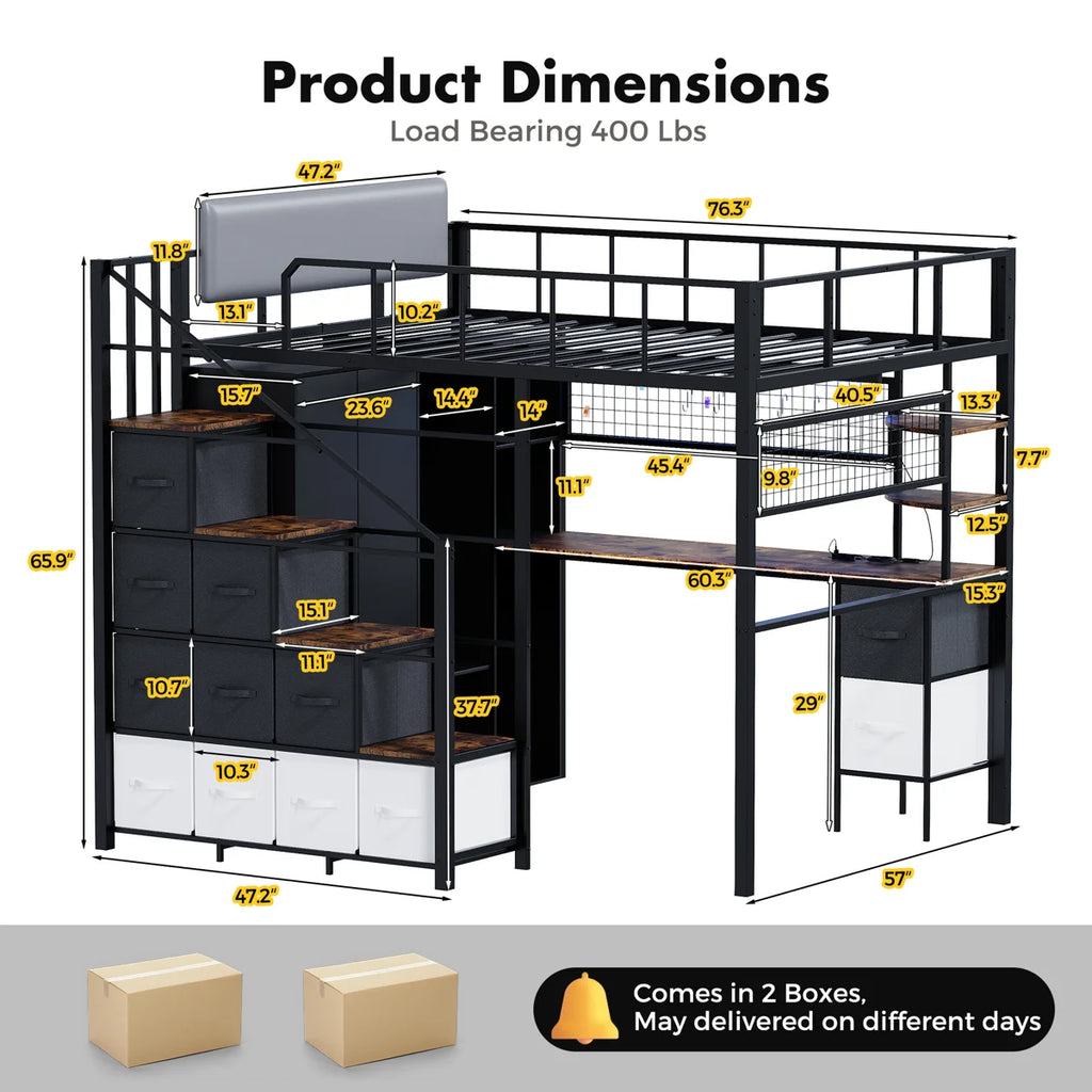 Full Size Loft Bed with Desk and Stairs, All-in-One Metal Frame with Headboard, LED Lighting, Charging Station, Closet and Storage