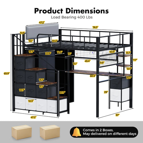 Full Size Loft Bed with Desk and Stairs, All-in-One Metal Frame with Headboard, LED Lighting, Charging Station, Closet and Storage