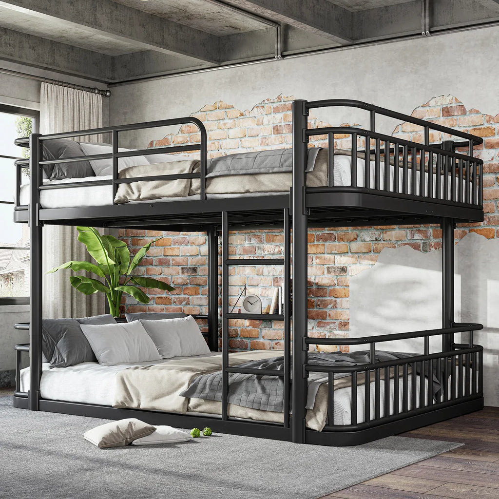 Queen over Queen Upgraded Round-Pipe Metal Bunk Bed with Ladders and Full-Length Safety Guardrails,Black