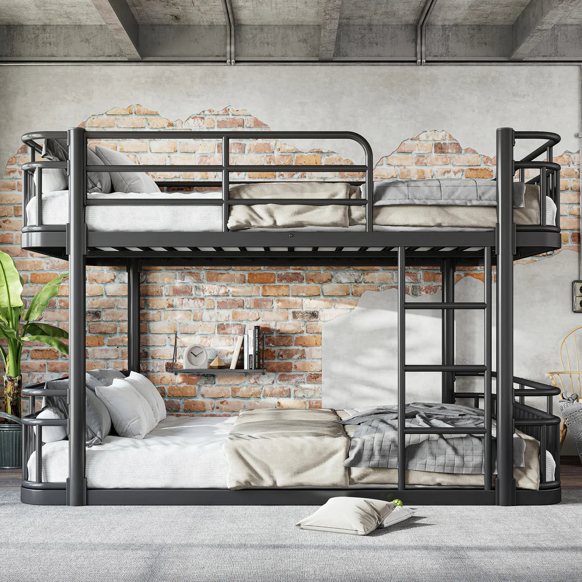 Queen over Queen Upgraded Round-Pipe Metal Bunk Bed with Ladders and Full-Length Safety Guardrails,Black