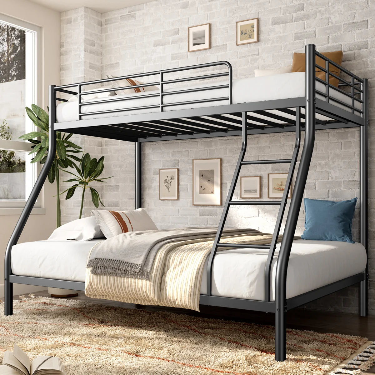 Twin Over Full Bunk Bed with Ladder & Guardrail, Metal Bed Frame, Heavy Duty Sturdy Bunk Beds, Black