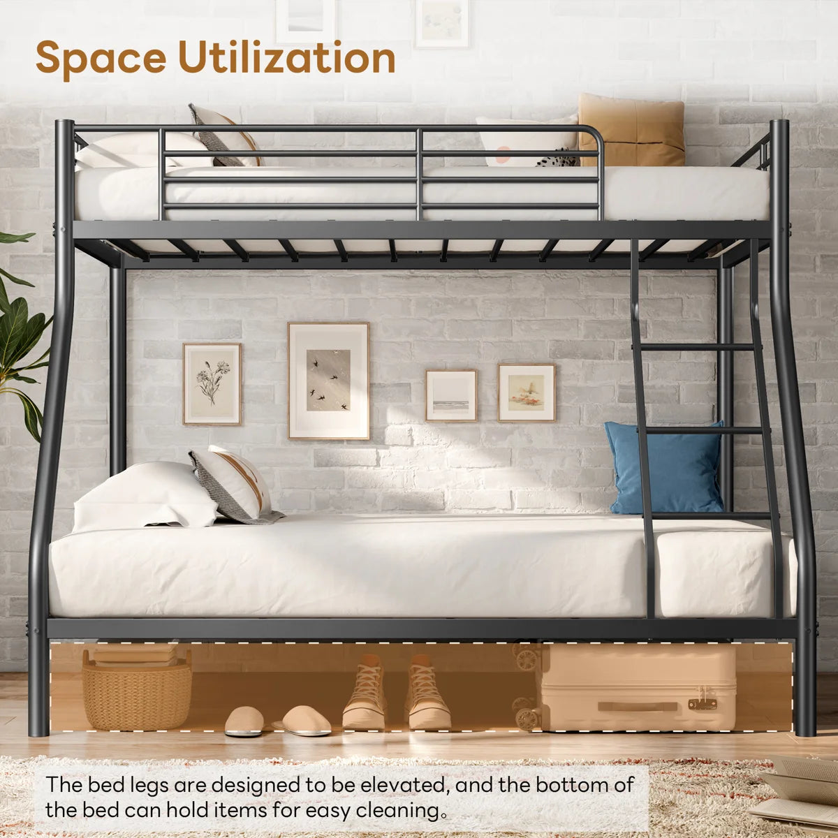 Twin Over Full Bunk Bed with Ladder & Guardrail, Metal Bed Frame, Heavy Duty Sturdy Bunk Beds, Black
